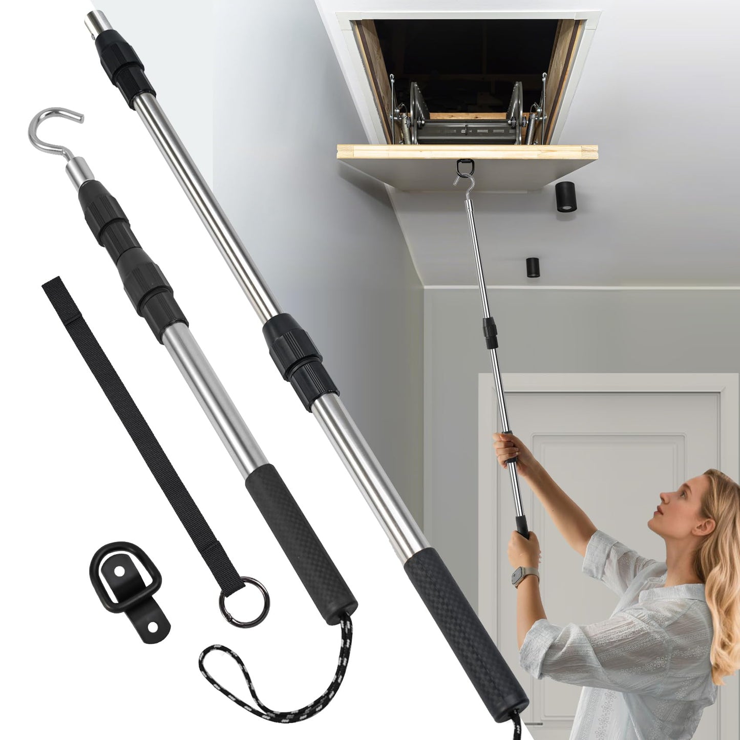 Attic Pull Down Hook, Extendable Attic Pull Rod, Attic Ladder Pull Down System Kit Contains One 40-Inch Telescopic Pole, 1 * D-Ring, 1 * O-Ring with Rope Around It