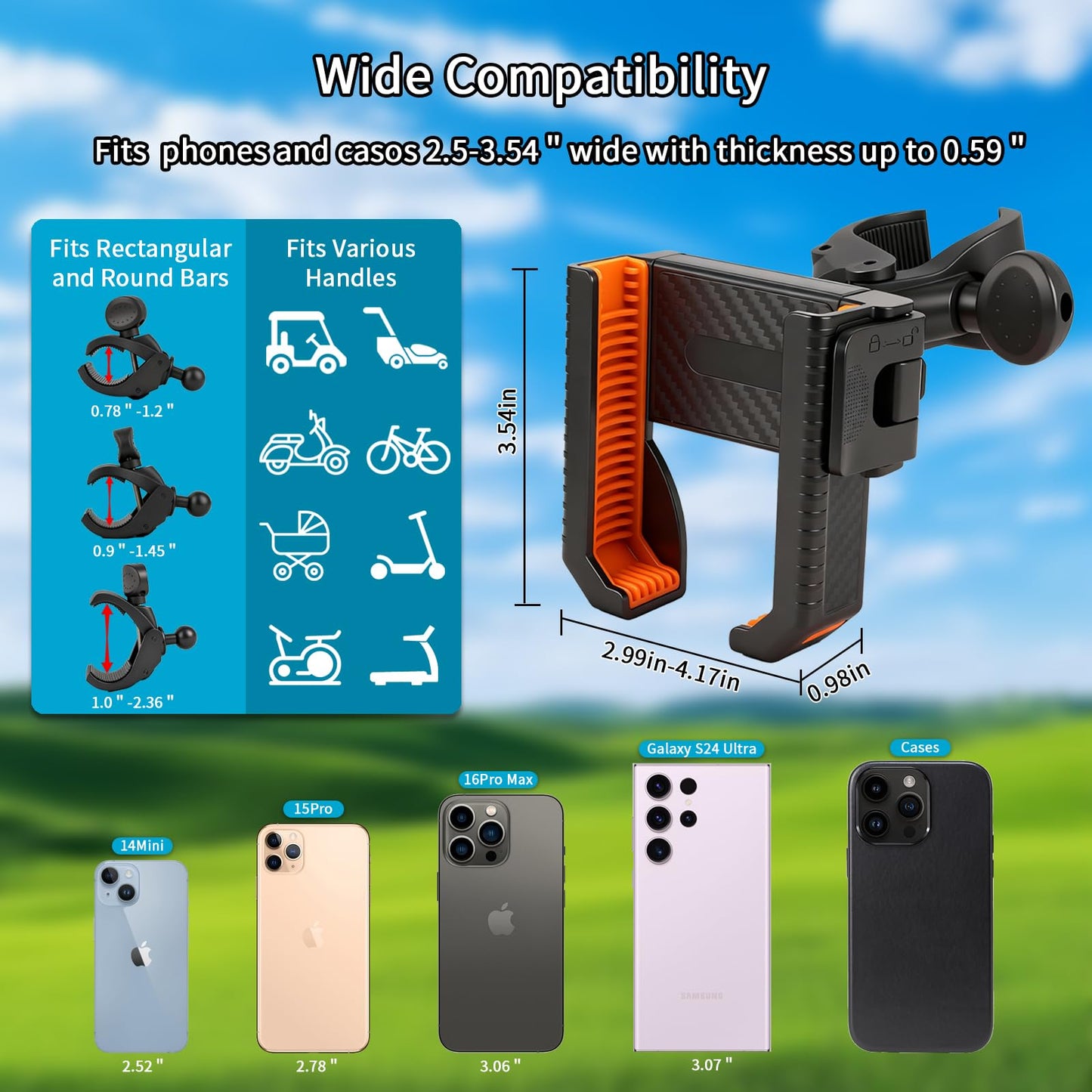 Loxnzify Golf Cart Phone Holder Mount-360° Rotation,Ultra-Stable Grip for All Phones, No Metal Needed,Includes Sunglasses Holder for Golf Cart,Perfect for Outdoor Sports (Black＆Orang)