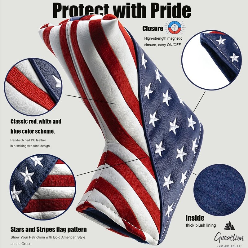 GOOACTION American Flag Blade Putter Head Cover – 3D Embroidered Stars & Stripes, Magnetic Closure, Waterproof PU Leather, Patriotic Putter Cover