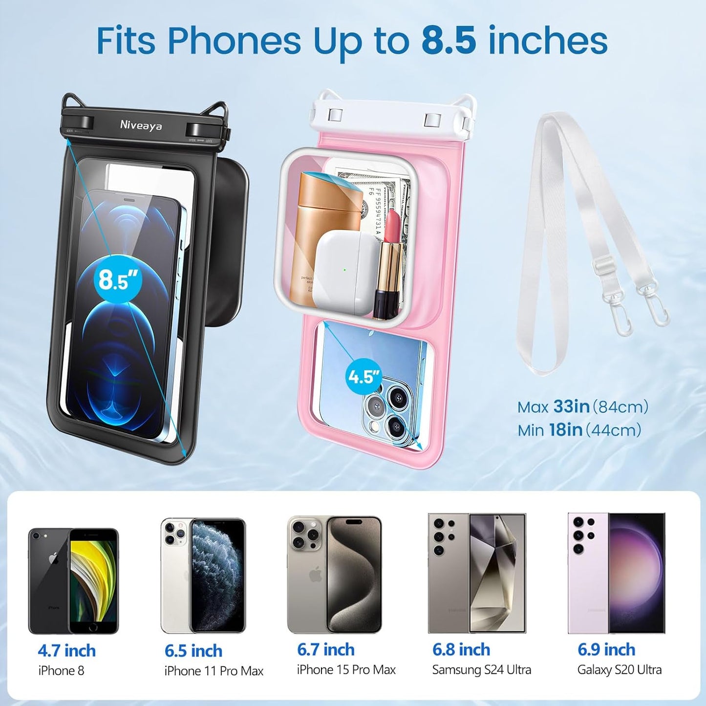 Niveaya Floatable Waterproof Phone Pouch - 2 Pack with Adjustable Neck Lanyard | Fits Up to 8.5" Devices