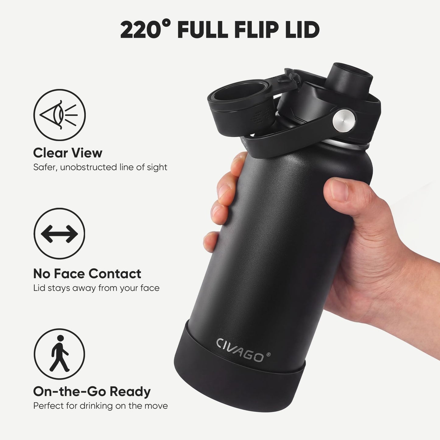 CIVAGO 64 oz Insulated Stainless Steel Water Bottle with Detachable Straw, Large Half Gallon Water Jug with Bucket Handle, Big Metal Leakproof Flask with Silicone Boot for Gym, Dishwasher Safe, Black