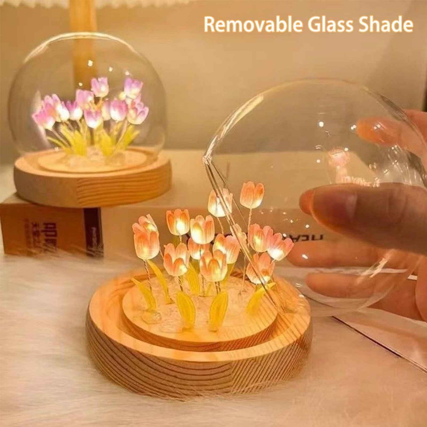 Tulip Night Light Cordless, Birthday Flower Gifts for Her - Small Flower Lamp with Glass Cover, Wooden Base and Gift Bag -Cute Romantic Home Decor for Mom, Grandmother, Wife, Girlfriend, Sister, Women