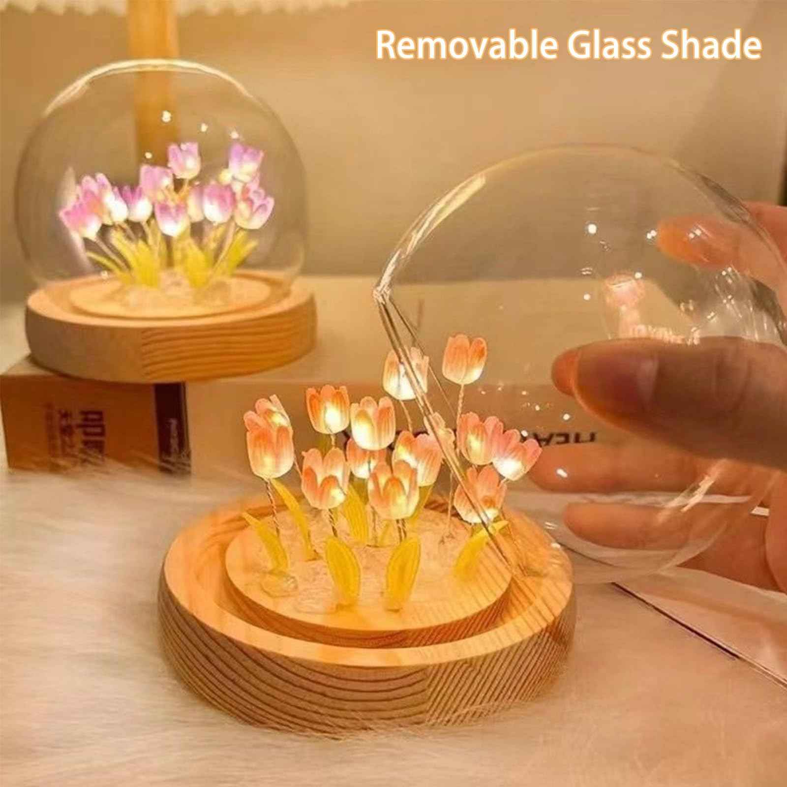 Tulip Night Light Cordless, Birthday Flower Gifts for Her - Small Flower Lamp with Glass Cover, Wooden Base and Gift Bag -Cute Romantic Home Decor for Mom, Grandmother, Wife, Girlfriend, Sister, Women