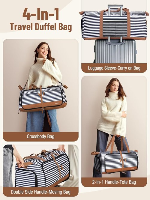 Lekesky Foldable Travel Duffle Bag - 80L Large Capacity with Shoe Compartment & Straps | Blue Stripes