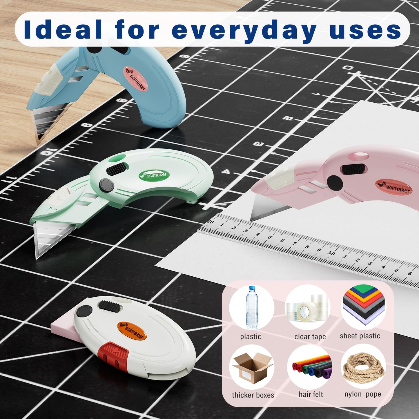 Scimaker 4-Pack Folding Box Cutters Lightweight Utility Knives Set Perfect for Office and Home Use, Back-lock Mechanism with Extra 10-Piece Blades