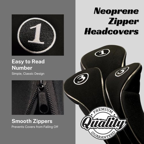 Black Golf Zipper Head Covers Driver 1 3 5 Fairway Woods Headcovers Metal Neoprene Traditional Plain Protective Covers Fits All Fairway Clubs and Drivers up to 460cc