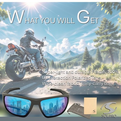 SOL PRO Polarized Riding Sunglasses Foam Padded Wraparound Fit Men Women Motorcycle Driving Running Cycling Fishing (Grey-Blue)