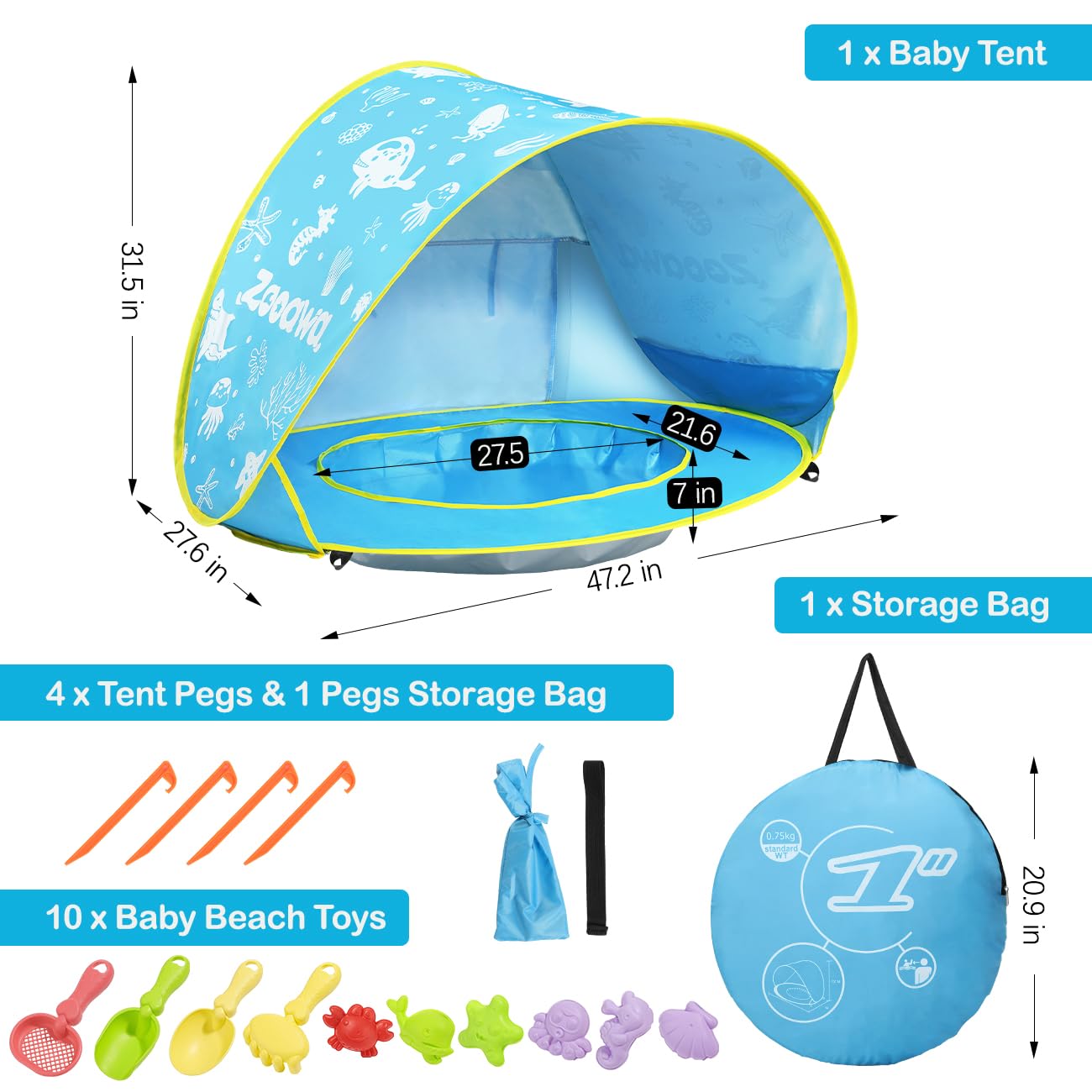 Zooawa Baby Beach Tent, Pop Up Beach Tent Sun Shade for Beach, Portable Shade Pool UV Protection Sun Shelter for Infant with Beach Sand Toys Set, Blue