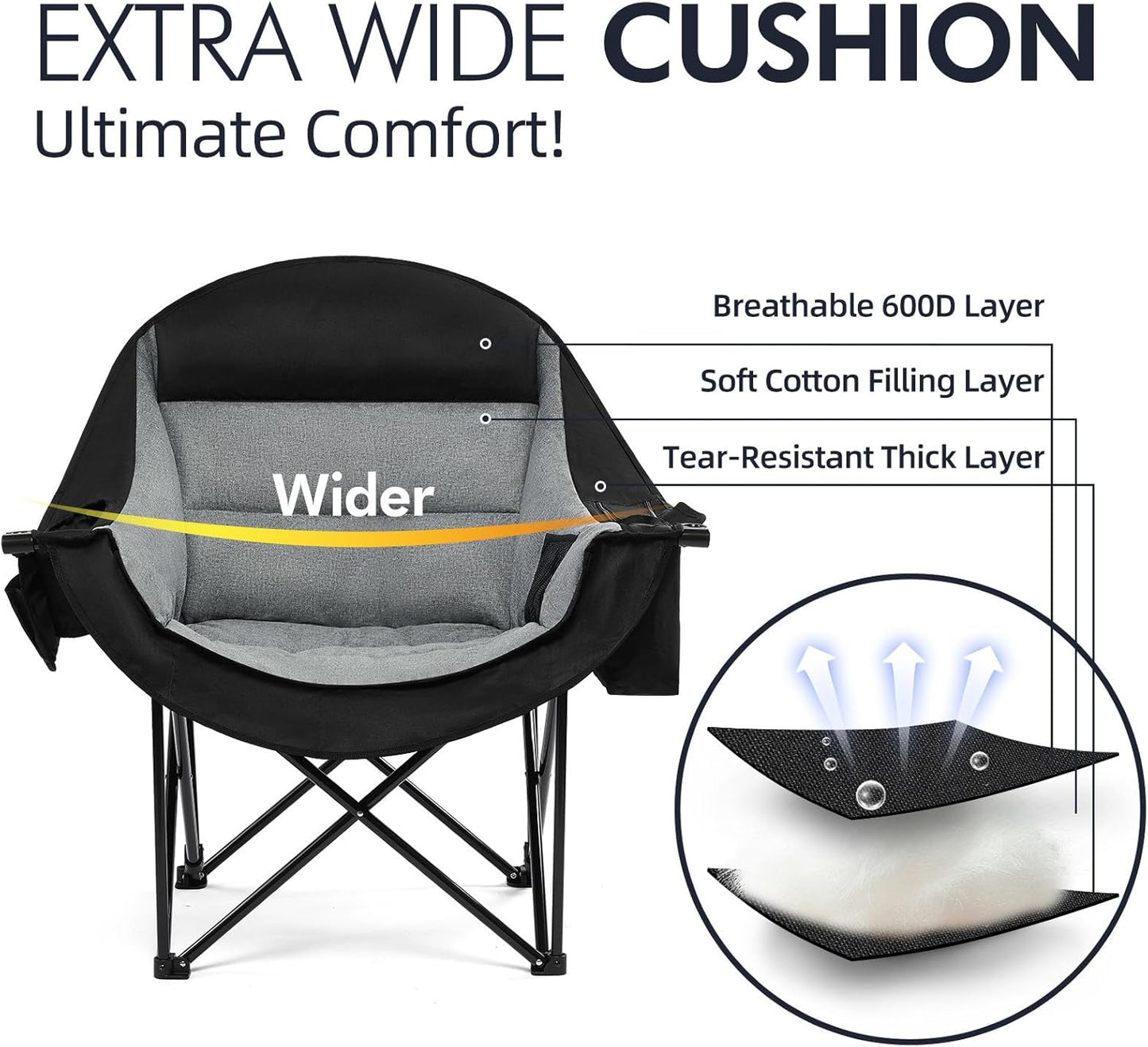 Skiennix Oversized Camping Chair - Heavy Duty Padded Folding Lawn Chair with Cup Holder | Supports 500lbs, Black