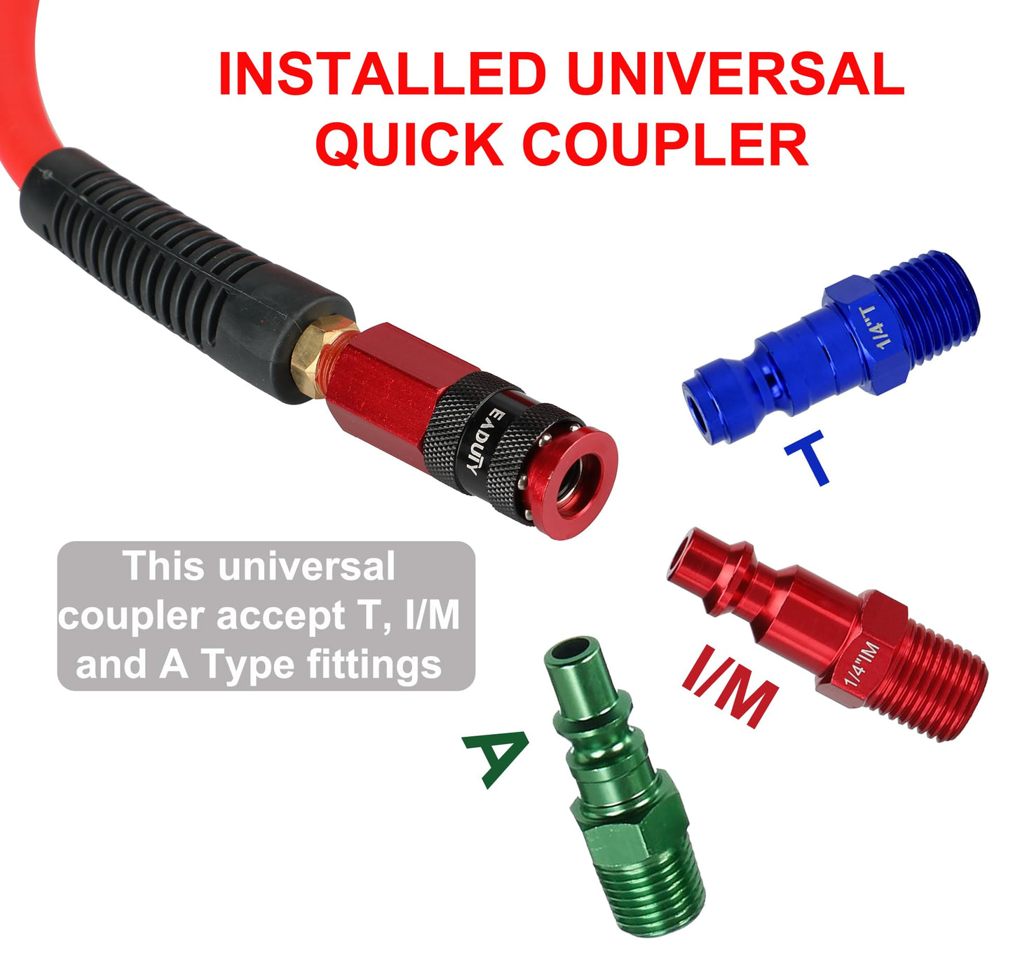 EADUTY Heavy Duty Reinforced Polyurethane Recoil Air Hose 1/4 in x 10 ft, Lightweight, Flexible Compressor Hose with Universal Quick Coupler, Plug and Bend Restrictors, Red