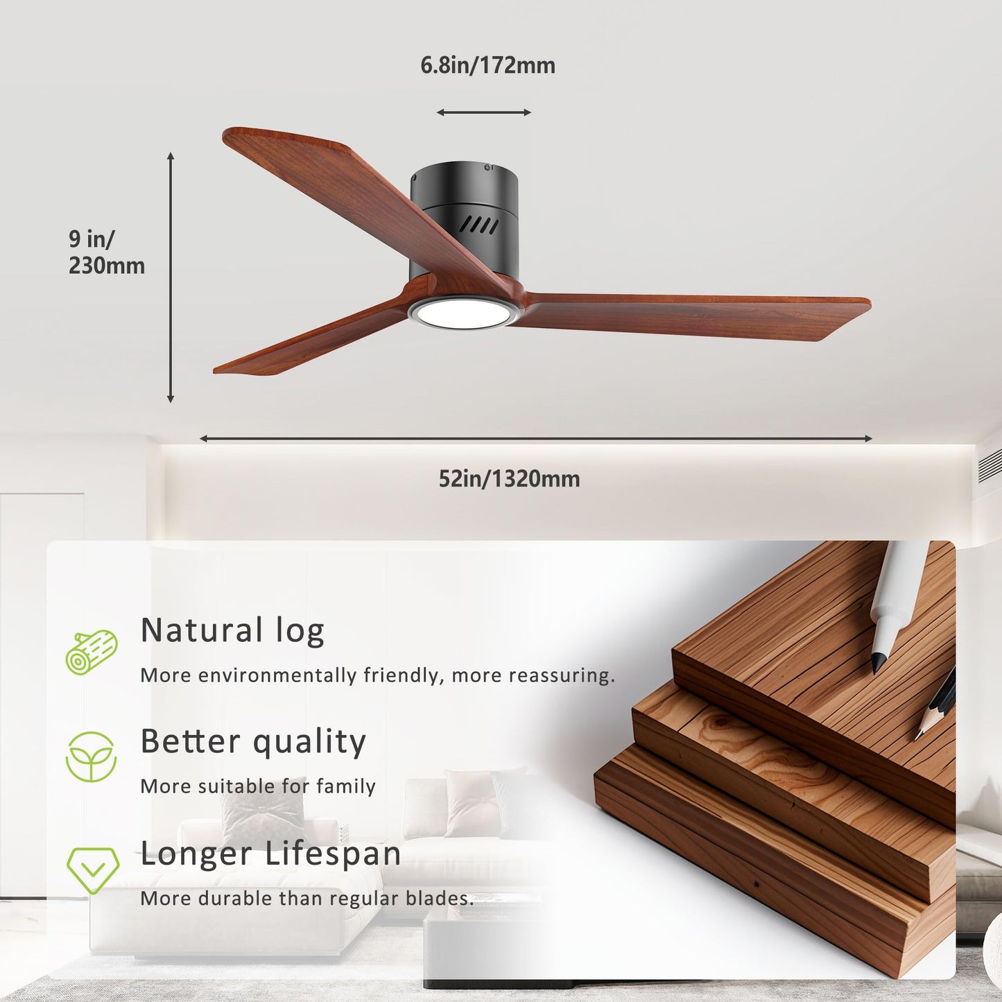 DAMINY Natural Solid Wood 52 inch Ceiling Fan with Light,3 Blades,6CCT,Black Low Profile Ceiling Fan with Light and Remote Control,APP Control,Flush Mount