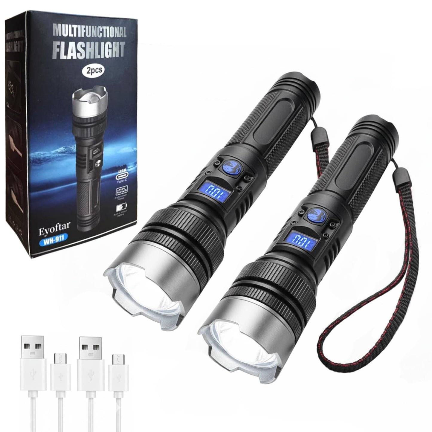 Eyoftar Rechargeable Flashlights 2-Pack, USB-C Rechargeable LED Flashlight with Zoom Focus, Bright Emergency Flash Light for Power Outages, Camping, Garage Repairs & Night Safety