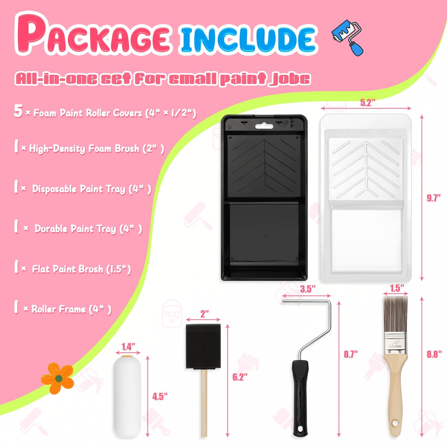 DIYSELF Paint Roller Kit - Foam Paint Roller 4 inch, Small Roller Paint Brush, Mini Rollers for Painting, Walls, Cabinets, Doors, House Painting Supplies, Professional Paint Roller Tray Set (10 Pack)