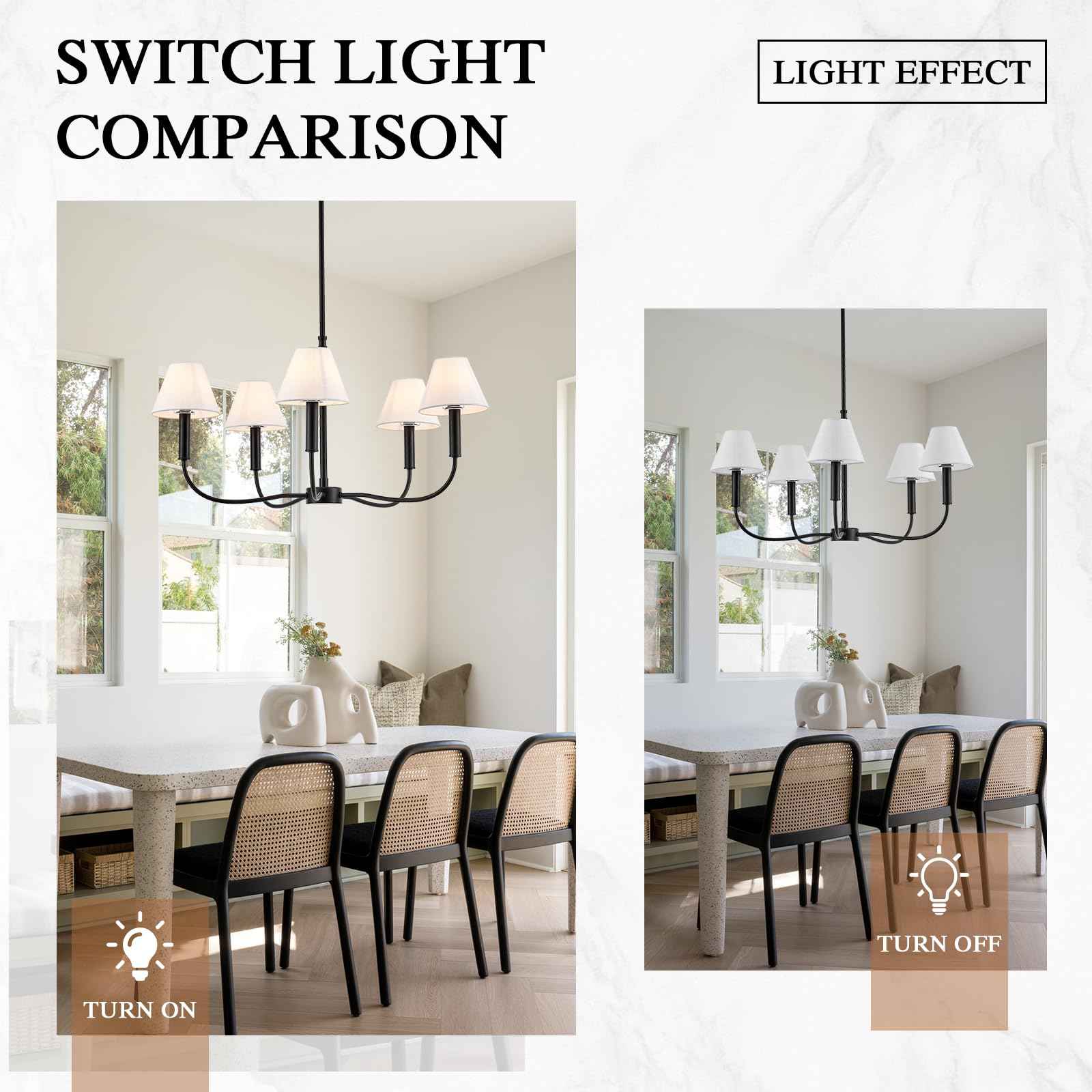 Black Farmhouse Chandeliers with White Fabric Shades, 5-Light Modern Chandelier for Dining Room Light Fixture 30’’ Large Linear Pendant Light Fixture for Kitchen Bedroom Living Room,UL Listed