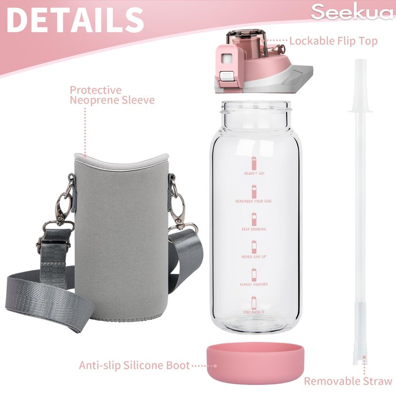 Seekua 20 oz Sports Glass Water Bottle with Straw & Time Marker, Motivational Kids Daily Glass Drinking Bottle with Strap for Children, School