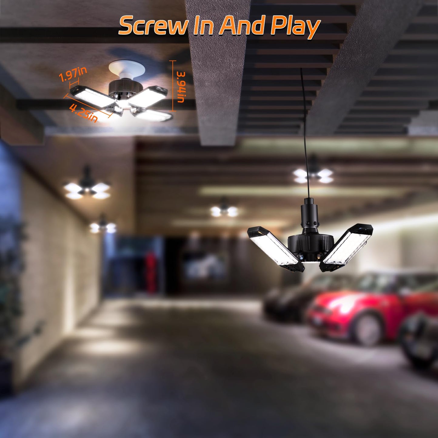 XINGHUANLIT LED Garage Light - 120W Garage Lights Ceiling LED 12000LM with 4+1 Deformable Panels, Screw in Shop Lighting 6500K Fit for E26 E27 Bulb Socket, for Workshop, Barn, Basement, Attic, Bay