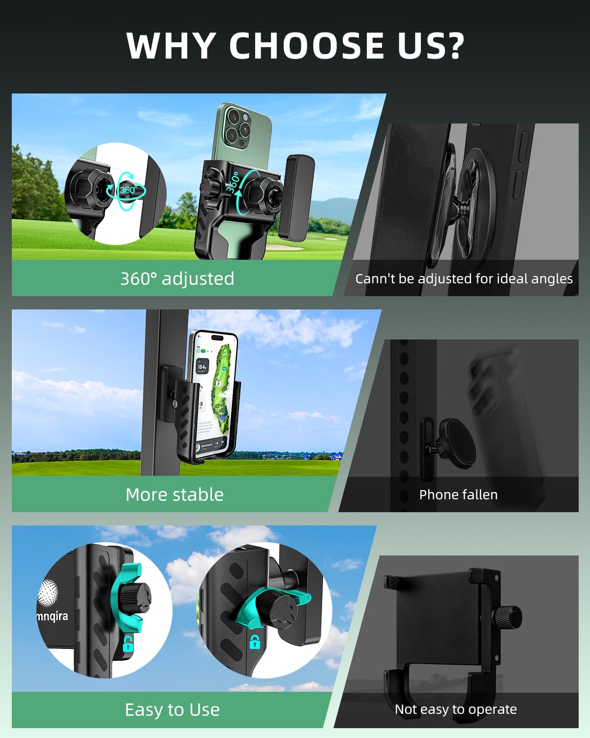 Omnqira Magnetic Golf Cart Phone Holder, Sturdy Aluminum Mount with 6X N52 Magnets & Quick-Lock Knob, 360° View for EZGO, Club Car, Yamaha, Golf Gifts for Men & Dad