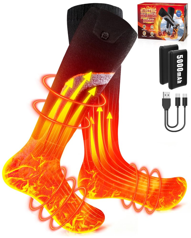 Heated Socks for Men and Women, 5000mAh Rechargeable Heated Socks with 4 Heat Settings, 360° Surround Heating, Washable Winter Feet Warmers for Hunting, Skiing, Camping, Hiking
