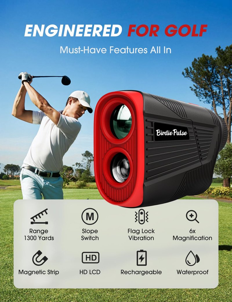 BirdiePulse Golf Rangefinder with Slope & Magnet，1300 Yards Range Finder for Golf，Flag Locking Vibration，6-6.5X Magnification & HD LCD，Rechargeable Golf Range Finder，Black