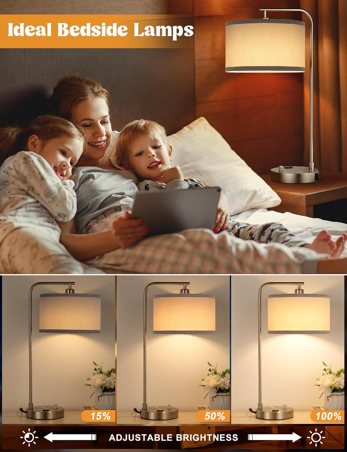 Dimmable Tall Table Lamp with USB Port & Outlet - Linen Shade Bedside Desk Lamp for Bedroom, Living Room, Home Office