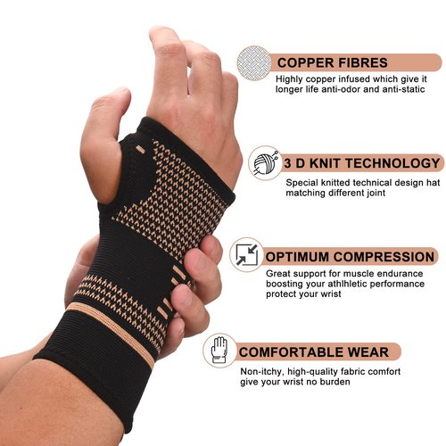 TCOOGO Copper Wrist Compression Sleeves, Comfortable and Breathable for Arthritis, Tendonitis, Sprains, Workout, Carpal Tunnel, Wrist Support for Women and Men (Pair)