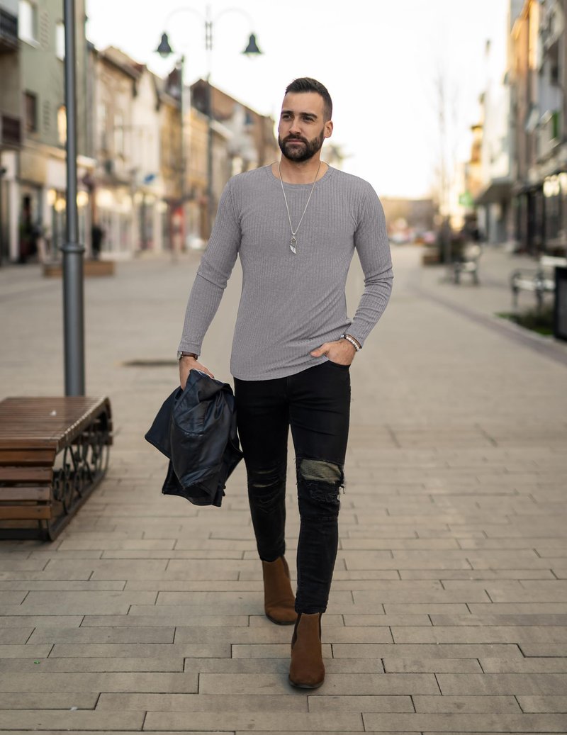 Ekouaer Men's Long Sleeve Shirts Ribbed Pullover Sweater Sim Fit Thermal Tops Crew Neck Stretchy Undershirts Light Grey L