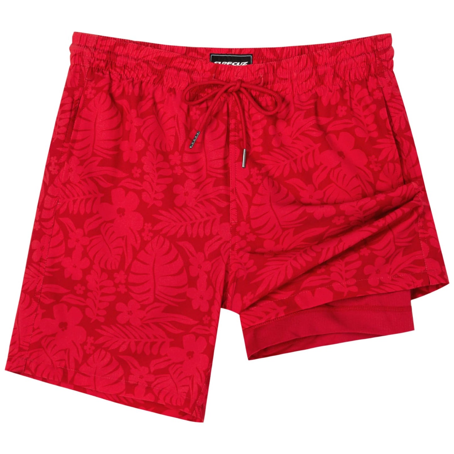 SURF CUZ Mens Swim Trunks with Compression Liner Quick Dry Swim Shorts 7" Swimming Trunks Stretch Zipper Pockets,Red Leaves,M
