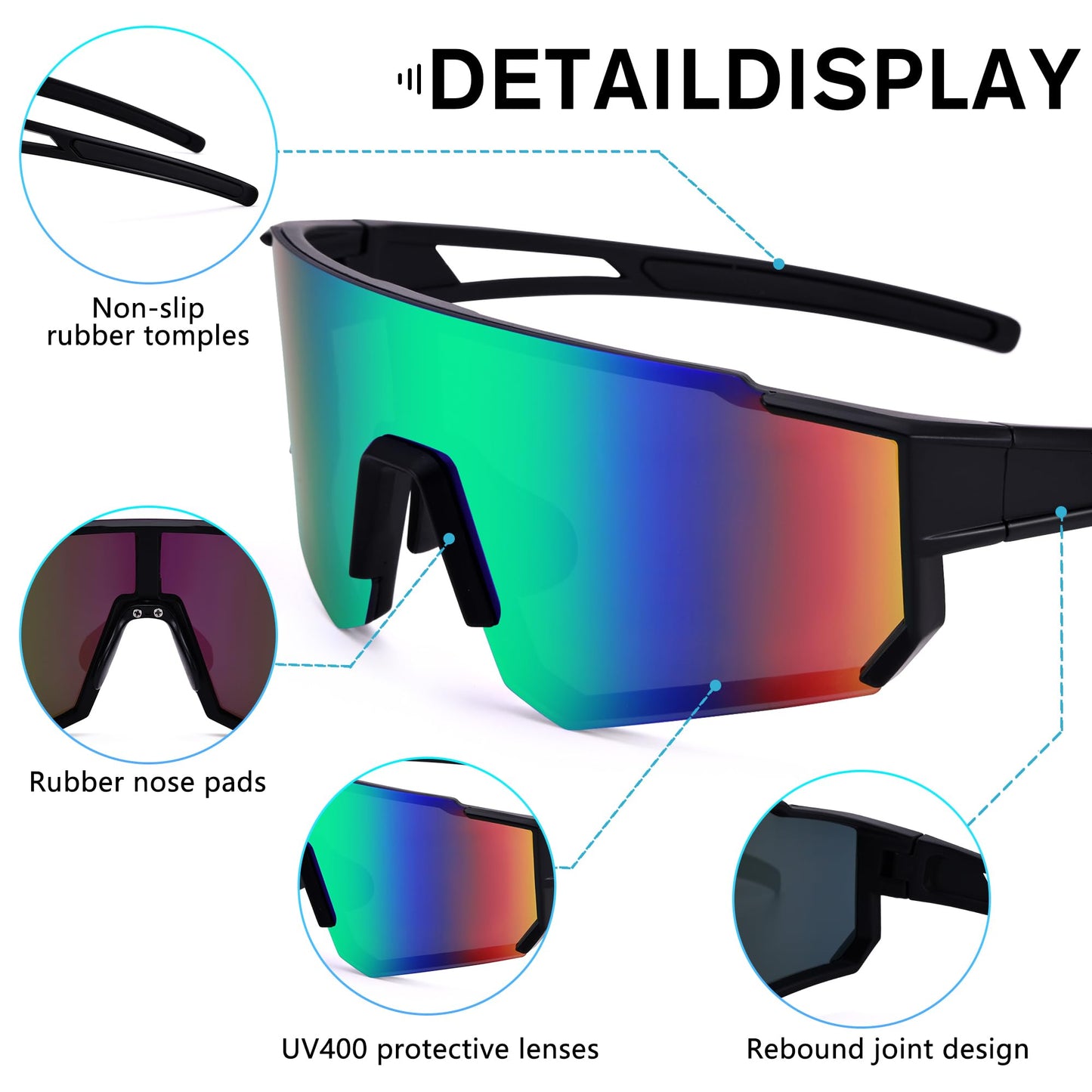 COASION Youth Baseball Sunglasses - Kids Sports Sun Glasses for Boys Girls - Lightweight Frame Cycling Shades(Black/Green Mirror)