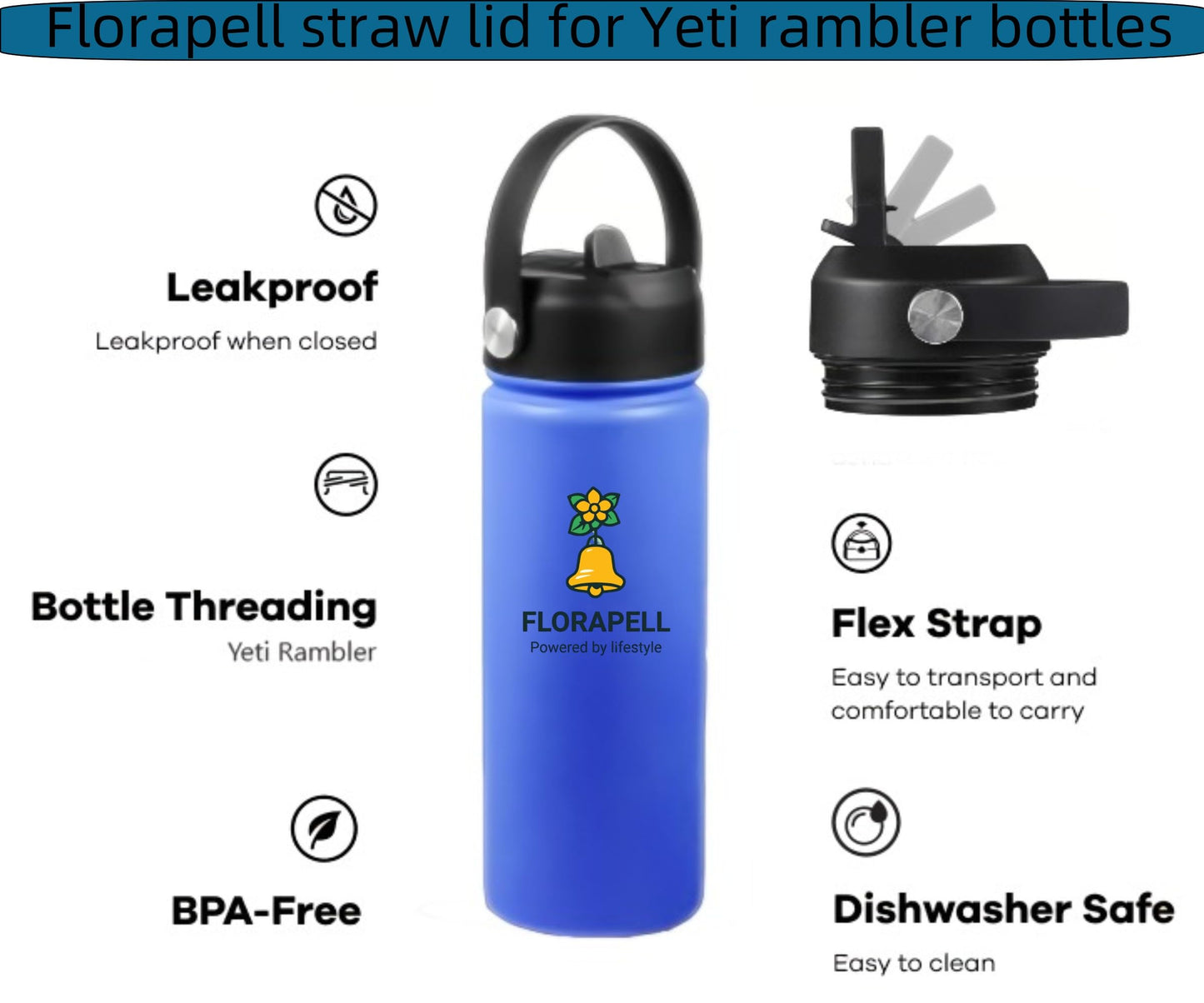 FLORAPELL Straw lid for Yeti Rambler 18 26 36 64 oz, Lid with Straws and Flexible Handle, Replacement Cap for Yeti 18oz 26oz 36oz 64oz Rambler Water Bottle Straw Cap