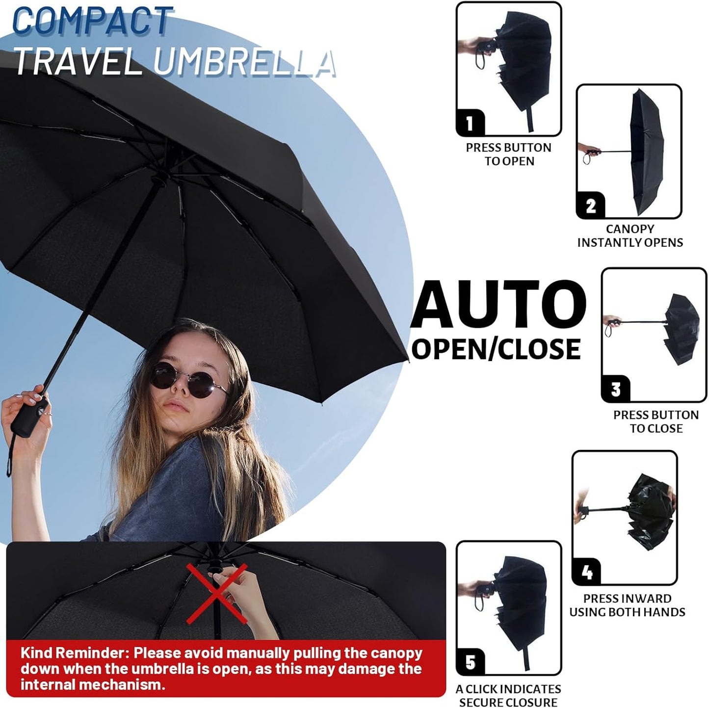 SY COMPACT Travel Umbrella - Windproof Automatic Design with UV Sun Protection | Small & Compact Size