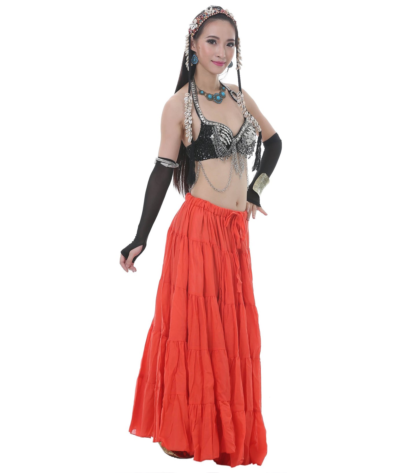 Astage Woman Belly Dance Full Circle Maxi Trible Skirts Linen Bohe Dress Orange