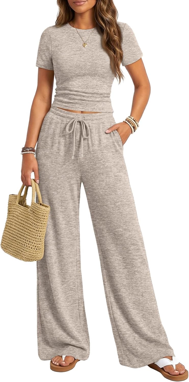 Trendy Queen Women's Lounge Set - Comfortable Wide Leg Pants & Crew Neck Short Sleeve Shirt