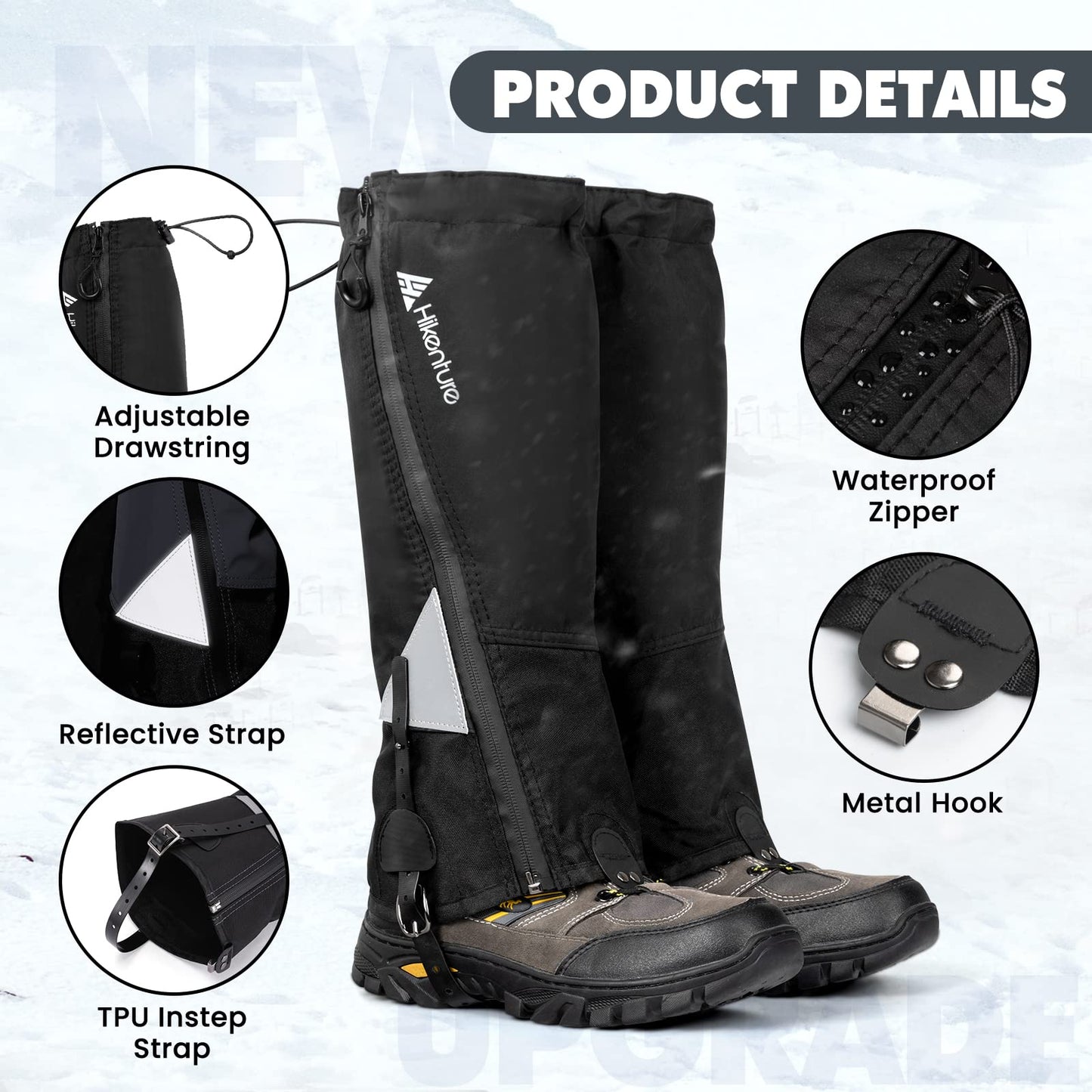 Hikenture Hiking Gaiters with Upgraded Zipper, Gators for Hiking Boots Waterproof, Lightweight Shoe Leg Gaiters for Men Women (Black, Large)