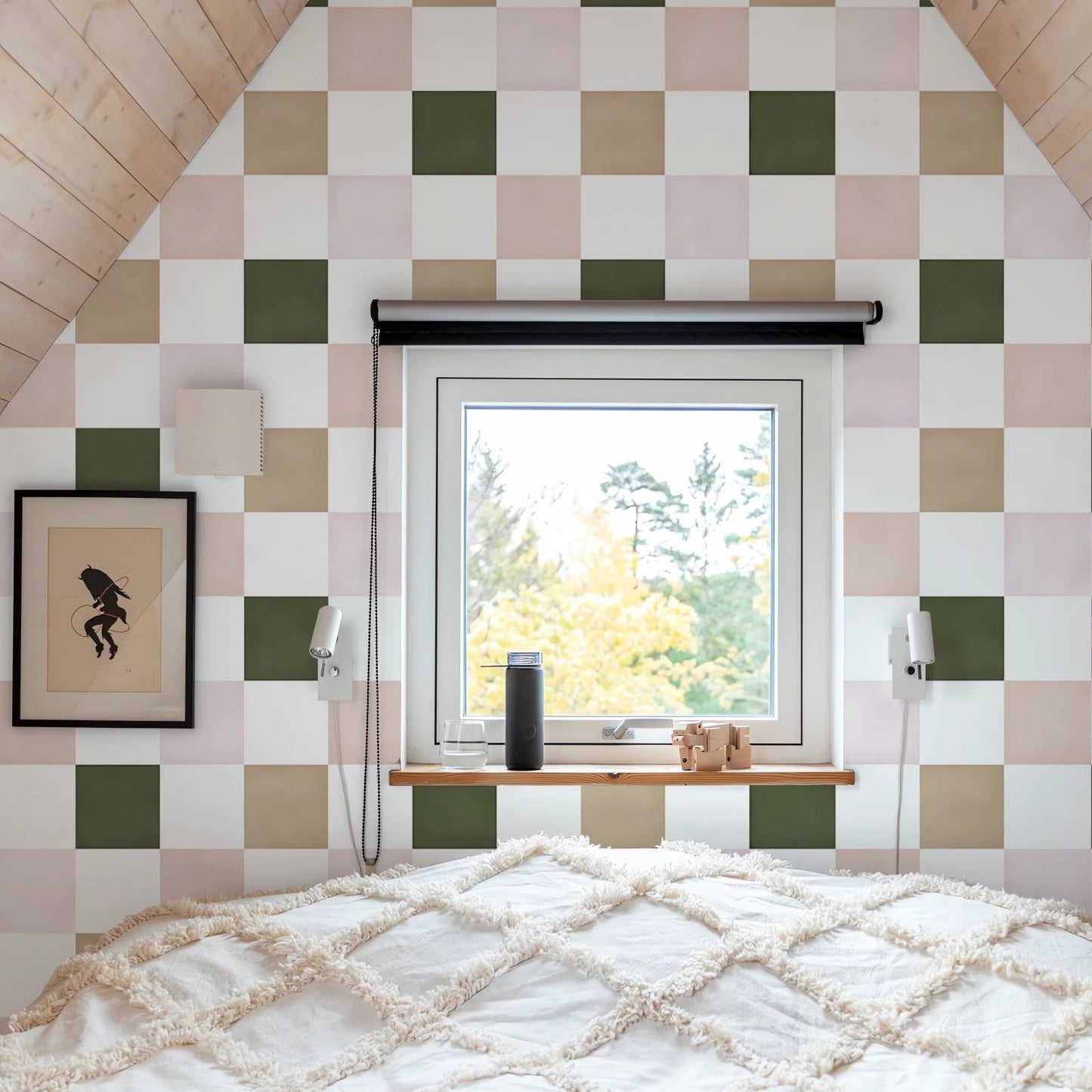 Ismoon Wall Paper Peel and Stick Modern Plaid Wallpaper 17.3" x 78.7" Green and White Mosaic Checkered Wallpaper Geometric Contact Paper for Bathroom Cabinets and Drawers Decor