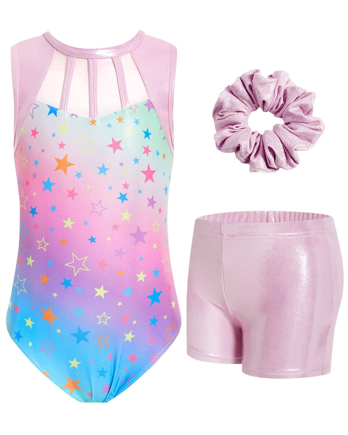 JiAmy Gymnastics Leotards for Girls, 6-7 Years Old Sparkly Sleeveless Biketards Unitards with Shorts Dance Ballet Tumbling Outfits Purple Leopard Gymnastics Gifts