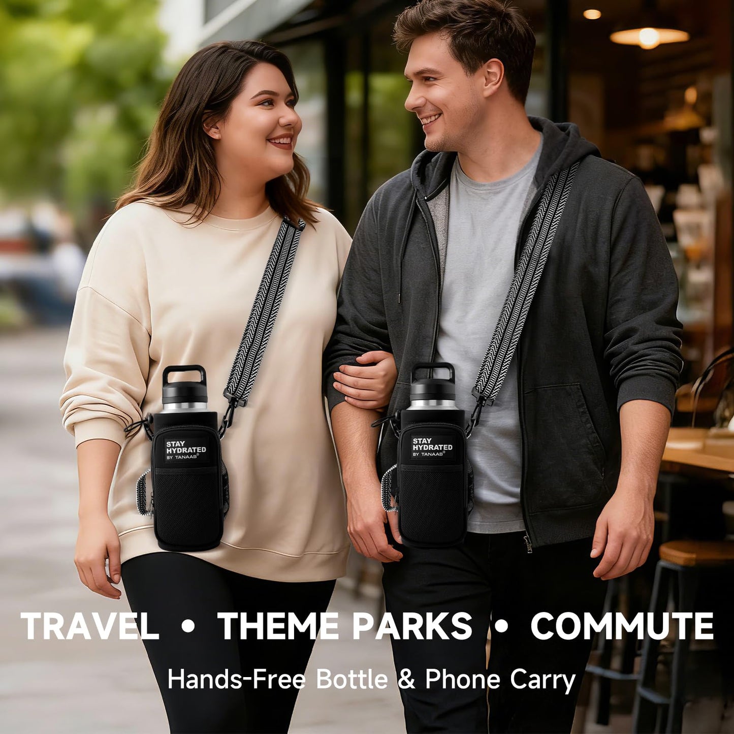 TANAAB Water Bottle Holder with Strap, Neoprene Crossbody Carrier, Phone Pocket, 1.46" Wide Strap, Fits 24-40oz