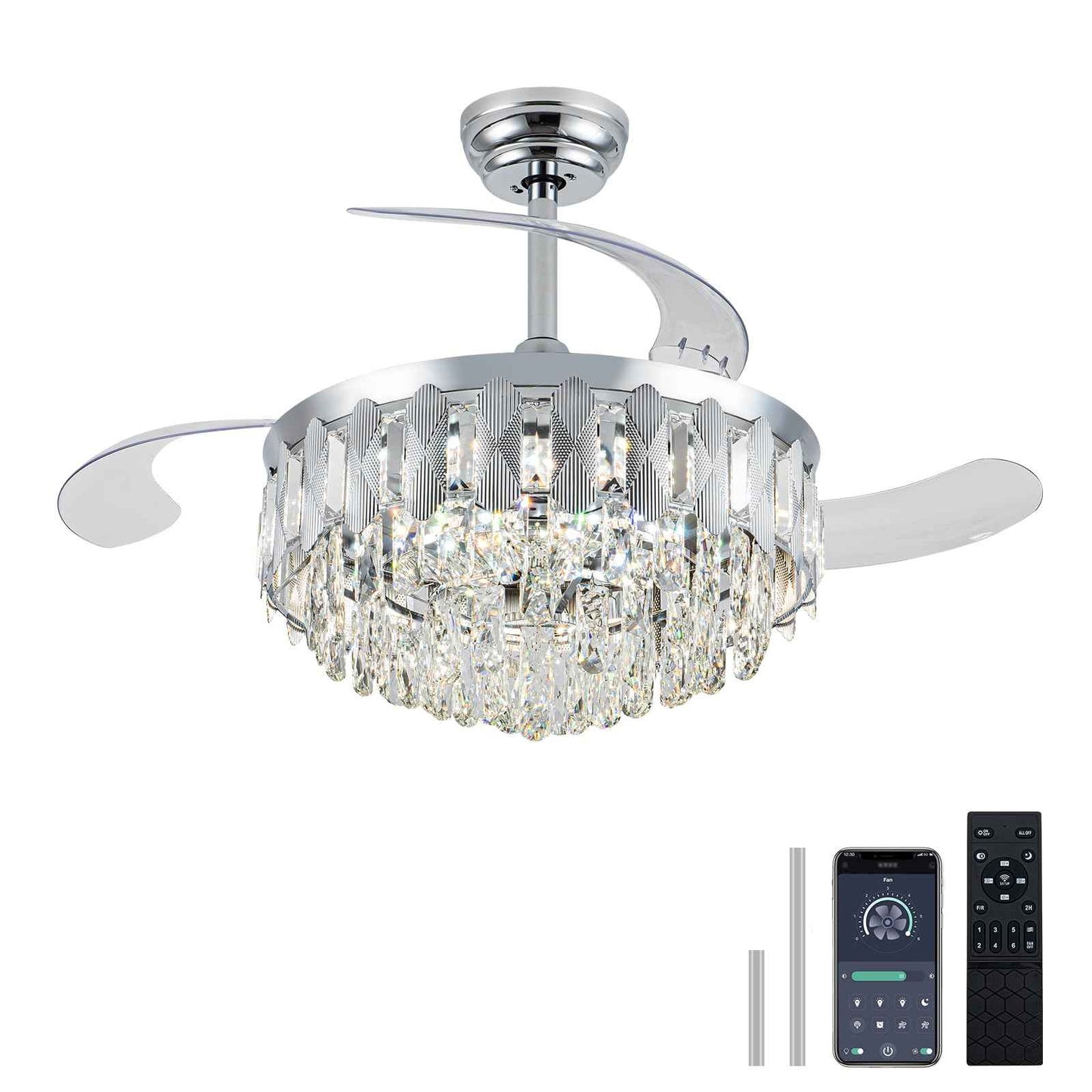 illus illumination 36in Fandelier Ceiling Fans with Light, Modern Crystal Chandelier Ceiling Fans, Remote & APP Control, Retractable Reversible 3 CCT LED Dimmable for Living Room Bedroom (Silver)