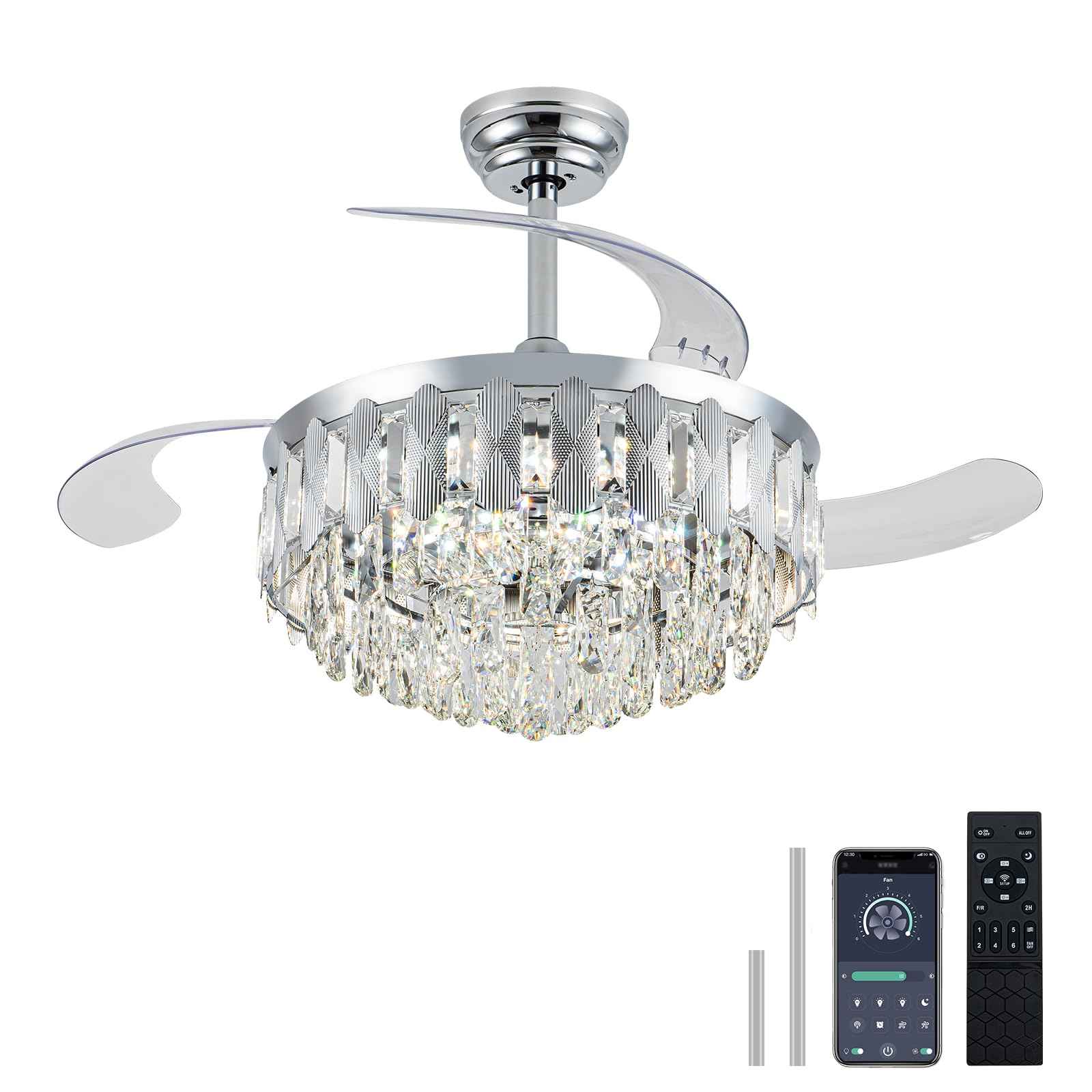 illus illumination 36in Fandelier Ceiling Fans with Light, Modern Crystal Chandelier Ceiling Fans, Remote & APP Control, Retractable Reversible 3 CCT LED Dimmable for Living Room Bedroom (Silver)