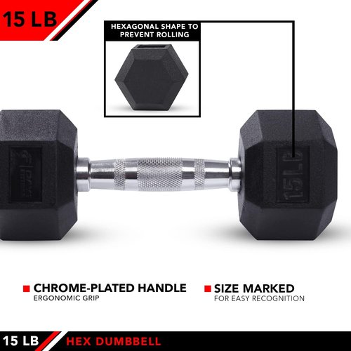 JFIT Rubber Hex Dumbbell - Durable Weight for Strength Training | 10 lb, 15 lb, 20 lb Options