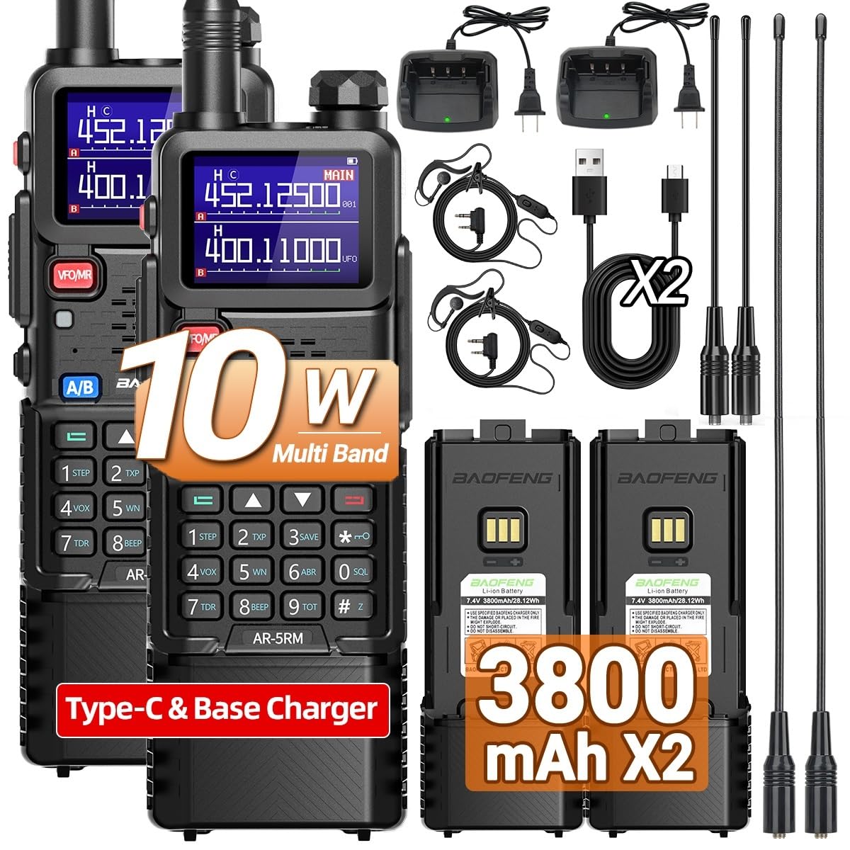 BAOFENG Radio Ham Radio Handheld 5RM 10W (Upgrade of UV-5R) Long Range Walkie Talkies Rechargeable Emergency NOAA Weather Two Way Radio with 3800mAh Battery USB-C Charger for Hunting Hiking,2 Pack