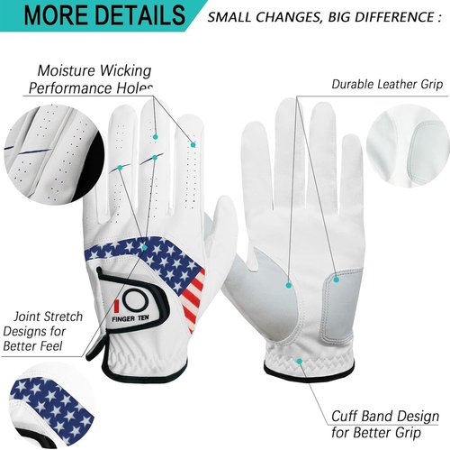 FINGER TEN Golf Gloves - Comfortable All-Weather Grip for Men | 5-Pack, Sizes S-3XL