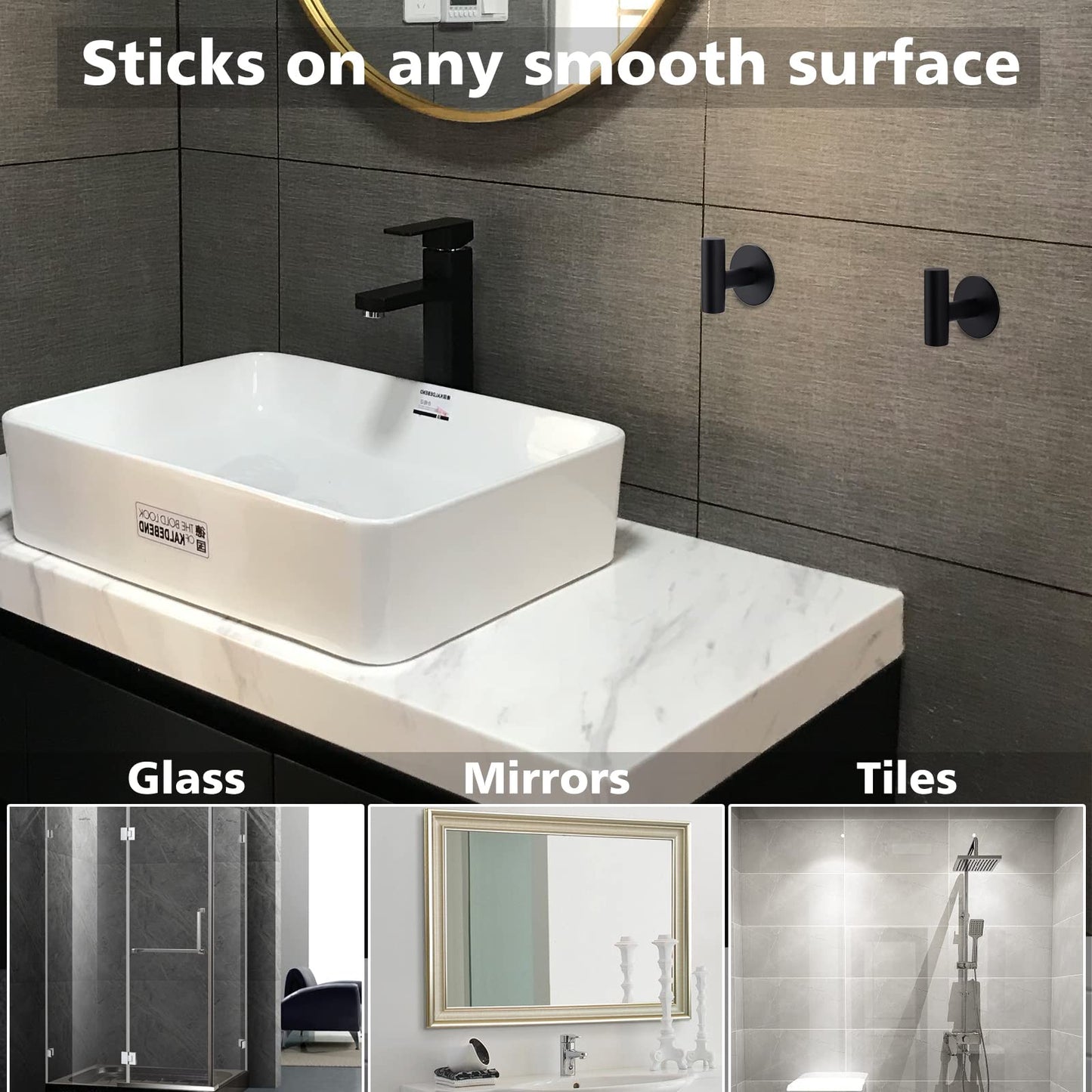 Bntuk Adhesive Towel Hooks, Heavy Duty Wall Hooks Stainless Steel Waterproof Shower Towel Hooks, Coat Hook for Hanging Clothes, Adhesive Hooks for Bathroom, Glass Window- 4 Pack, Black