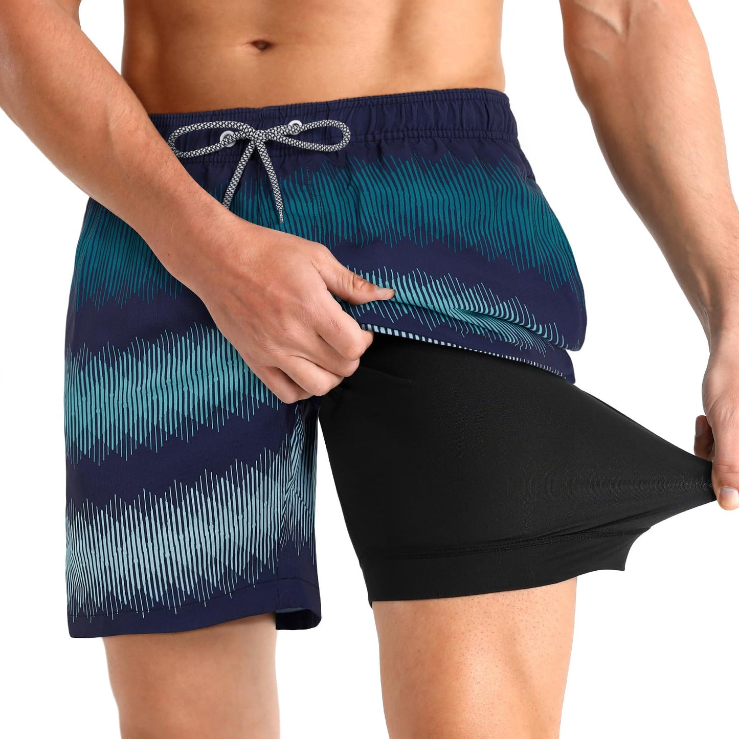 iCKER Mens Swim Trunks with Compression Liner 5.5" Inseam Quick Dry Swim Shorts Bathing Suit Beach shorts-K460-Large