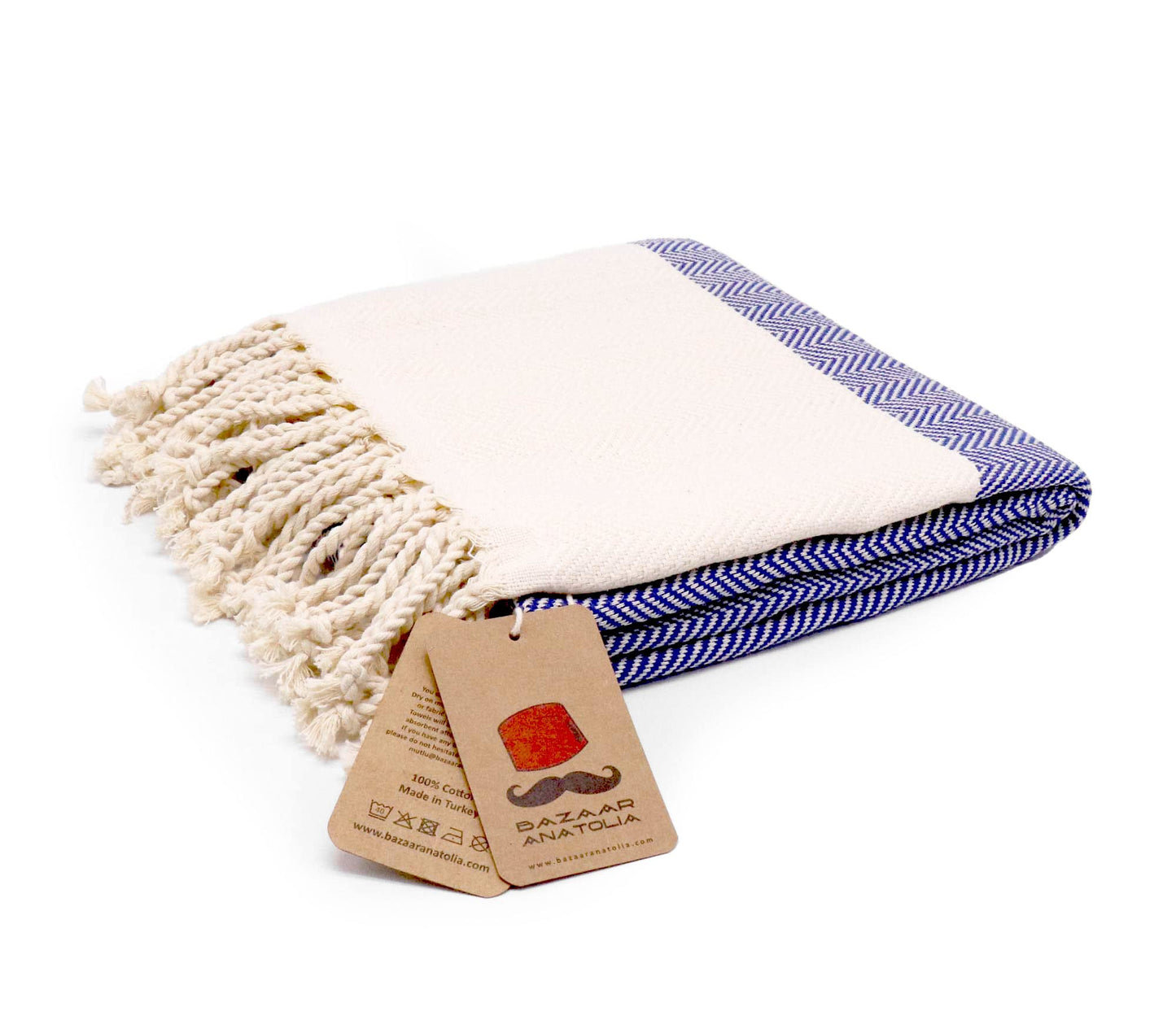 Bazaar Anatolia Beach Towel, 100% Cotton, 71x39 in, Herringbone Dark Blue