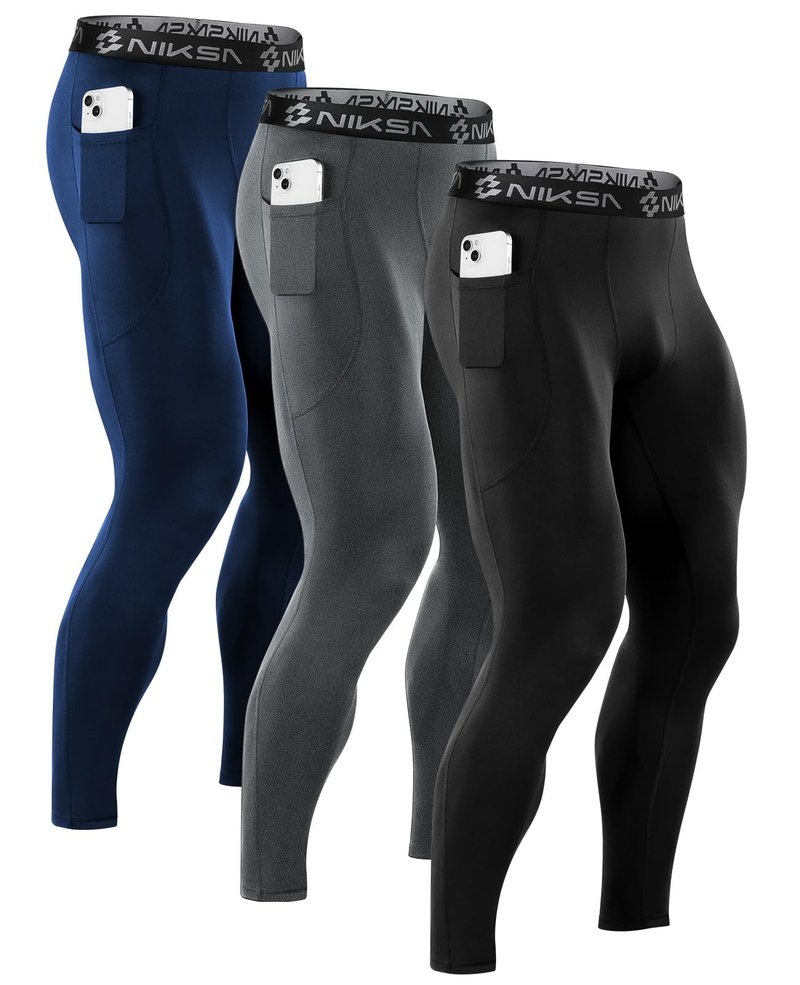 Niksa 1/3 Pack Men's Compression Pants with Pocket, Performance Athletic Sports Leggings & Gym Tights for for Running Yoga Basketball Workout Sports