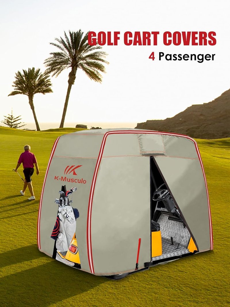 K-Musculo Golf Cart Cover, 2+2 Passenger Fits EZGO, Club Car, Yamaha, Heavy Duty Marine Grade Fabric, Waterproof & Windproof Outdoor All-Weather (600D-PU, 600D)