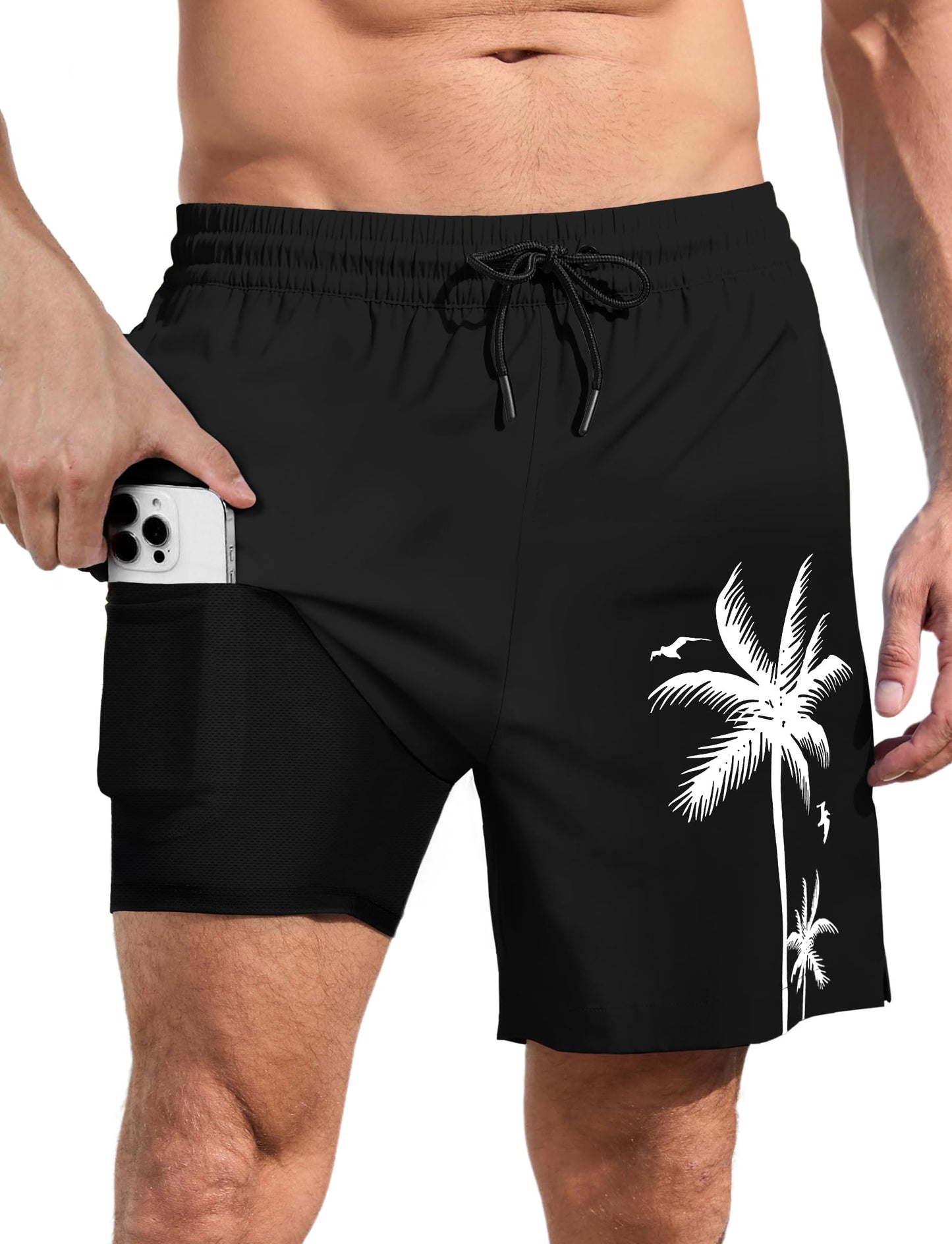 Lzzidou Men Swim Trunks with Compresssion Liner 7 Inch Inseam Board Shorts Bathing Suit with Zipper Pockets