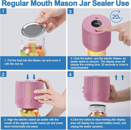 LOVE MOMENT Electric Mason Jar Vacuum Sealer Kit - Versatile for Wide & Regular Mouth Jars - Pink