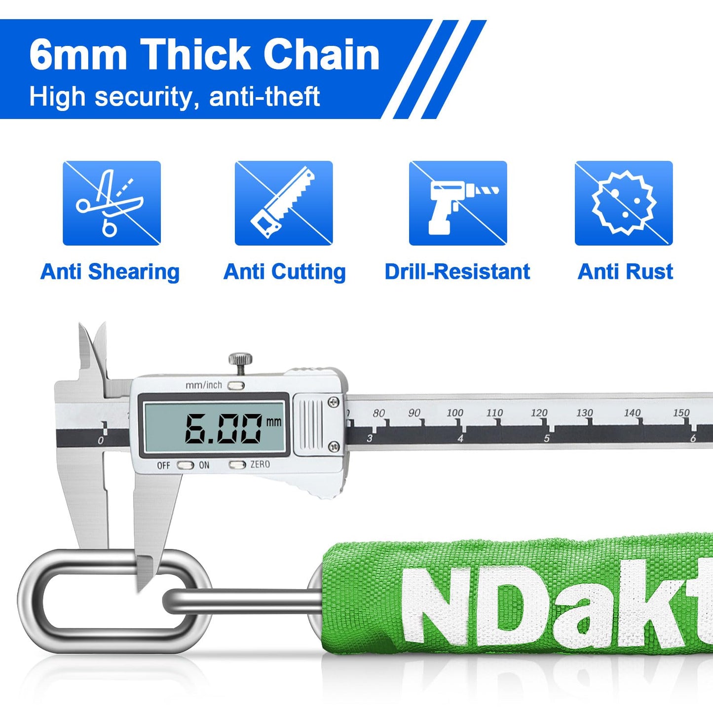 NDakter Bike Chain Lock, 5 Digit Combination Heavy Duty Anti Theft Bicycle Chain Lock,2.62/3.2/4.27/5/6Ft Long Security Resettable Bike Locks for Bike, Bicycle, Scooter, Door, Gate, Fence-4/6mm Thick