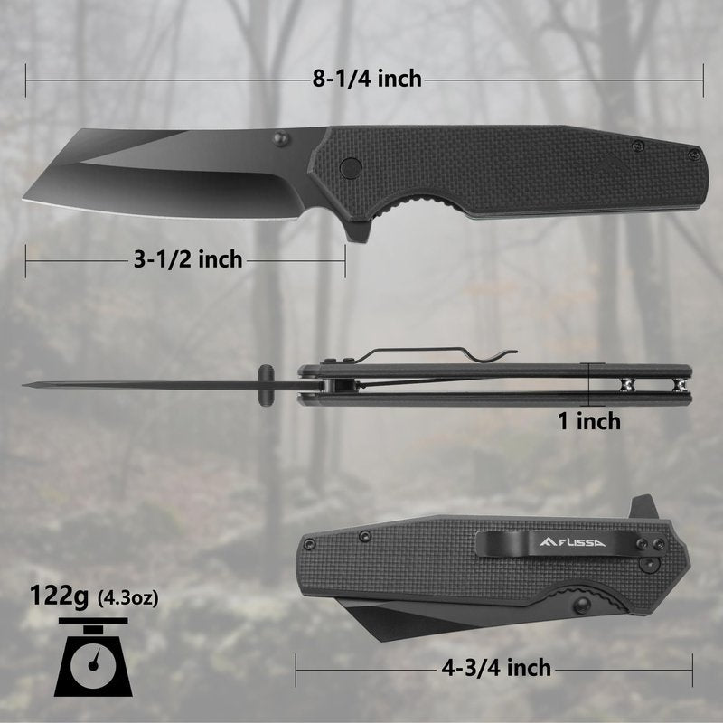 FLISSA Folding Knife, 4-3/4" Reverse Tanto Folding Pocket Knife, Black Stonewash Blade, G10 Handle, for Hunting, Survival, Camping and Outdoor Activities, Perfect for Dad, Husband, Friend